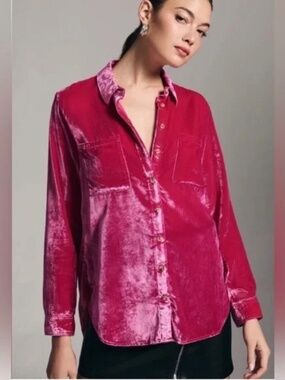 Anthropologie, Pilcro Hadley Relaxed Velvet Button Down Shirt, Pink